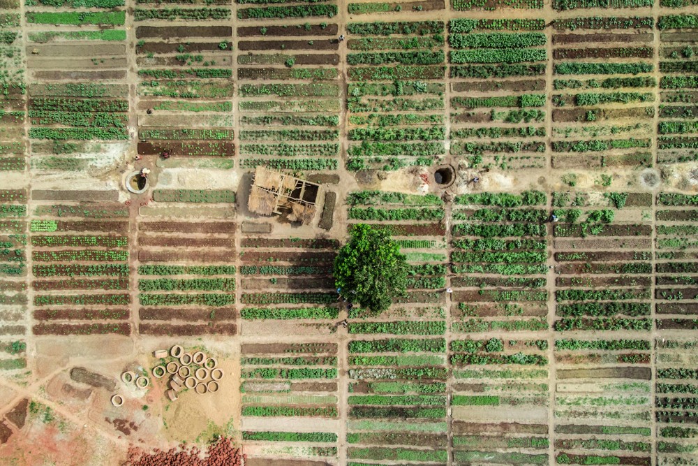 An aerial view of a rural farm.